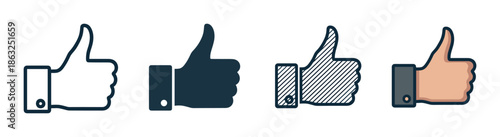 Set of four thumbs up icons presented in different graphic design styles including a simple outline, a solid silhouette, a pattern fill, and a full color version
