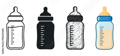 Four baby feeding bottles with milk shown in a set of different artistic styles including outline, silhouette, hand-drawn sketch, and full color cartoon illustration