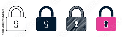 Set of four padlock icons presented in a row, showcasing different graphic styles including outline, solid silhouette, hand-drawn sketch, and a simple flat color design