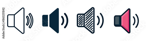 Set of four speaker volume icons in different graphic styles including line art, solid fill, hatched, and colored for user interface design and media player controls