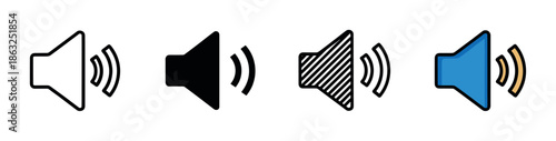 Set of four sound volume icons showing different graphic design styles including line art, silhouette, patterned, and a colorful flat illustration for user interface elements