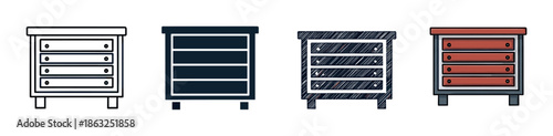 Set of four chest of drawers illustrations in different artistic styles including simple line art, a solid silhouette, a hand-drawn sketch, and a colored cartoon design