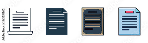 Set of four document file icons in different styles, including outline, solid glyph, and color, representing paperwork, data, and information in a clean graphic design