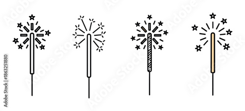 Four different sparkler line art icons showing various styles of a festive pyrotechnic stick with glowing sparks and stars, presented as a minimalist graphic illustration set