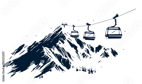 Ski lift in the mountains, hand drawn