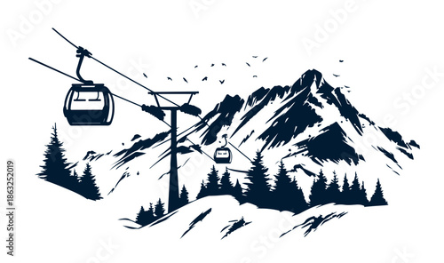 Ski lift in the mountains, hand drawn