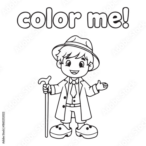 A cute cartoon boy with a hat and cane in a delightful coloring page activity