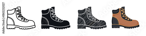 Set of four hiking boot illustrations showing different artistic styles including line art, silhouette, scribble texture, and full color cartoon design for outdoor concepts