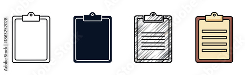 Set of four clipboard icons in different graphic styles including line art, silhouette, sketch, and flat color, representing tasks, checklists, notes, and documentation