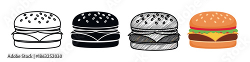 Four hamburger illustrations in various artistic styles including line art, silhouette, sketch, and a classic colorful flat design for fast food concepts and menu graphics