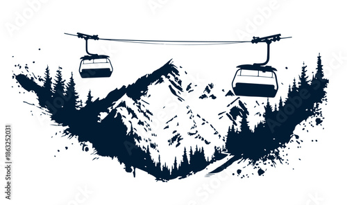 Ski lift in the mountains, hand drawn