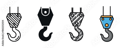 Set of four crane hook icons showing different graphic styles including line art, silhouette, sketch, and color fill for industrial and construction concepts