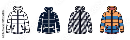 Set of four winter puffer jackets in various graphic styles including line art, silhouette, pattern, and colorful cartoon illustration for apparel design