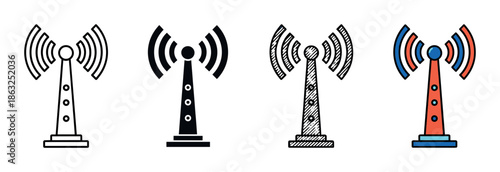 Collection of four communication tower icons showing different graphic design styles like simple outline, solid black glyph, sketched illustration, and a colorful cartoon version