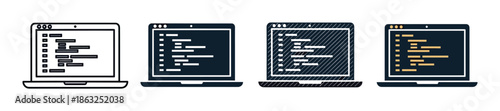 Set of four laptop computer icons showing programming code on the screen, a collection of flat, line art, and textured vector illustrations for web development concepts
