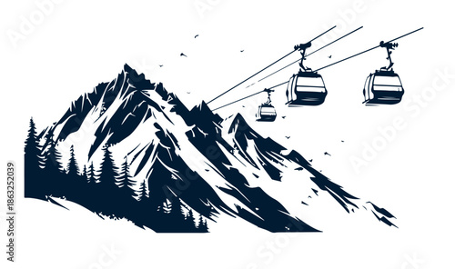 Ski lift in the mountains, hand drawn