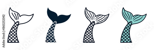 Set of four hand-drawn mermaid tails with fish scales presented in various artistic styles, including simple outline, solid silhouette, stippled texture, and aqua color