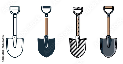 Set of four shovel or spade icons presented in various artistic styles including line art, flat design, hand-drawn sketch, and cartoon for graphic design elements