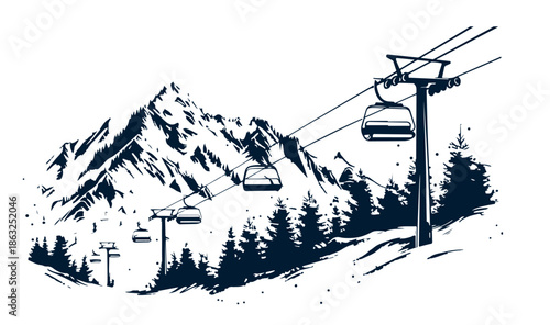 Sketch of ski resort. Landscape mountains. 
