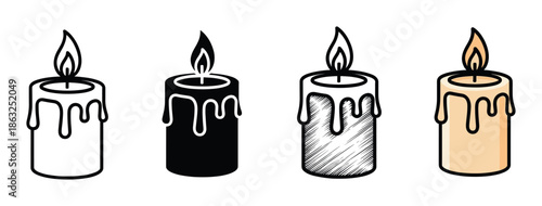 Set of four burning candle icons in different artistic styles including line art, silhouette, hand-drawn sketch, and simple flat color vector illustration for various design projects