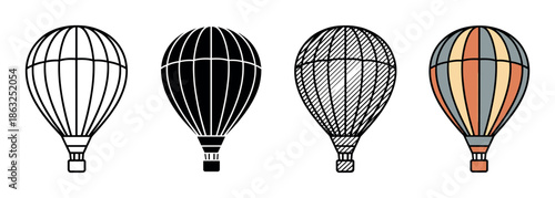 Set of four hot air balloon icons in various graphic styles, including a simple outline, solid silhouette, hatched sketch, and a retro colored version
