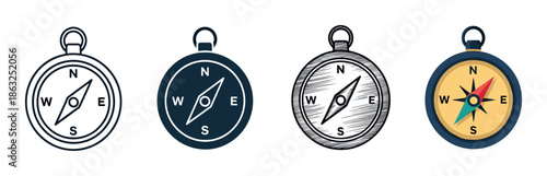 Versatile set of four compass icons in outline, silhouette, hand-drawn sketch, and flat color styles, representing navigation, direction, and exploration
