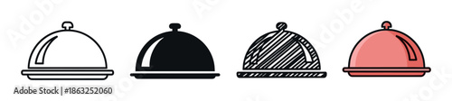 Set of four food cloche icons presented in different styles including outline, silhouette, hand-drawn sketch, and simple flat color for restaurant and catering service concepts
