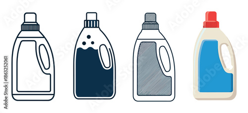Set of four laundry detergent bottle icons showing different styles including outline, silhouette, hatched, and a full color flat vector illustration for cleaning concepts