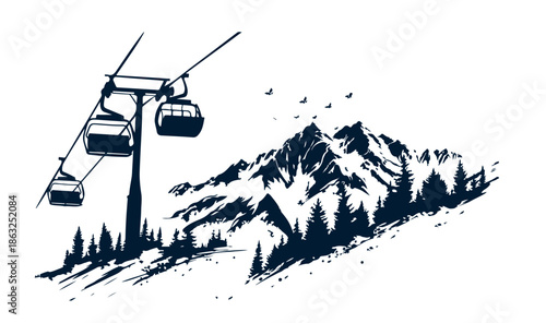 Landscape mountains. Sketch of ski resort. 