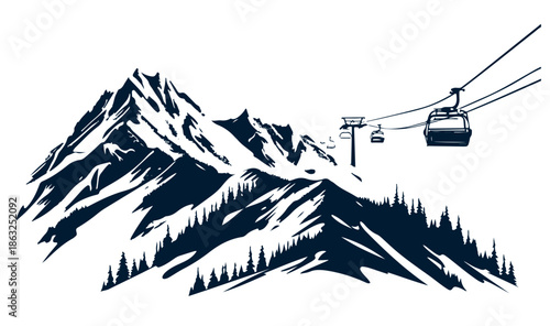 Landscape mountains. Sketch of ski resort.	