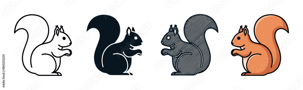 Obraz premium Set of four squirrel illustrations in various graphic styles including simple line art, a solid black silhouette, a textured version, and a colored cartoon design element