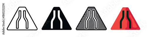 Set of four road narrows warning signs presented in a collection of different graphic styles, including simple outline, solid silhouette, hatched, and full color versions