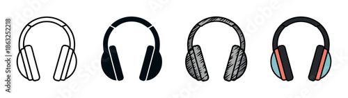 Set of four headphone icons in different styles including line art, silhouette, hand-drawn sketch, and flat color for graphic design and user interface elements