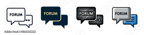Set of four forum speech bubble icons presented in various design styles including simple outline, flat color, hand-drawn sketch, and modern cartoon for online communication