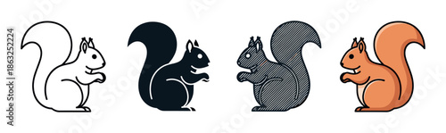 Set of four squirrel illustrations in various graphic styles including simple line art, a solid black silhouette, a textured version, and a colored cartoon design element
