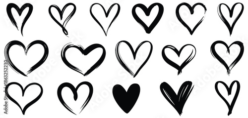 Assortment of Hand- Drawn Black Heart Shapes on White Background love romance