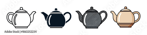 Set of four teapot icons presented in different artistic styles including simple line art, solid silhouette, hand-drawn sketch, and a flat color cartoon illustration