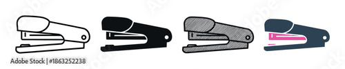 Set of four stapler icons in various graphic styles including outline, solid silhouette, hatched texture, and a flat color design for office supply concepts