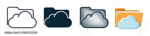 Cloud folder icon set in four different styles including simple outline, solid silhouette, hatched, and flat color for representing digital data storage