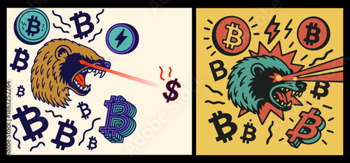 This bold Bitcoin-themed vector set features a fierce honey badger with laser eyes, symbolizing the strength and "don't care" attitude of the cryptocurrency community. Surrounded by digital currency 