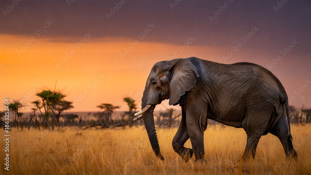 Obraz premium African Elephant Striding Golden Sunset Dramatic Sky