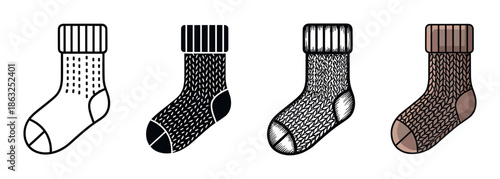 Set of four knitted sock icons presented in various artistic styles from simple line art and silhouette to detailed engraved and full color cartoon illustration