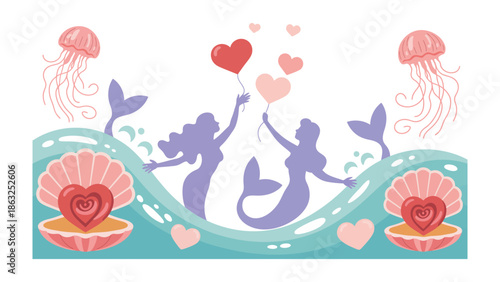 Mermaid's Love & Heart's Celebration: Two enchanting mermaid silhouettes release heart-shaped balloons, symbolizing love and joy, above an ocean scene.