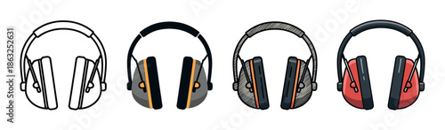 Set of four protective earmuff illustrations in various styles, including simple line art, flat color, and a textured sketch for industrial safety concepts