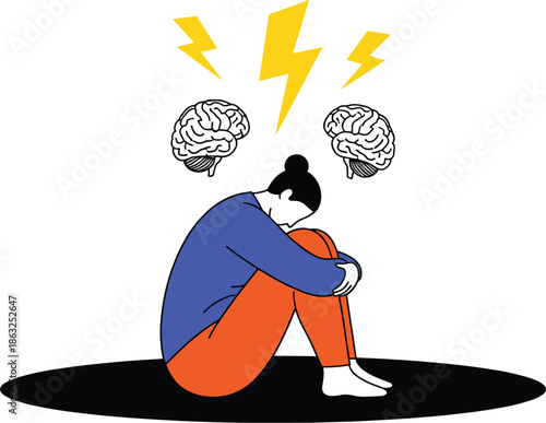 Mental health concept vector illustration with woman sitting in despair featuring human brains and yellow lightning bolts representing stress and anxiety.