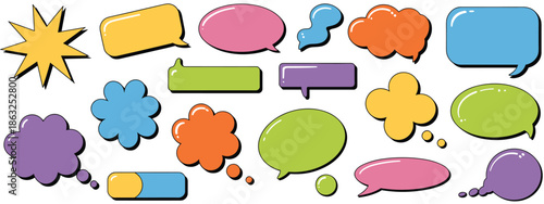 Collection of colorful speech and thought bubbles in various shapes on a white background abstract alert
