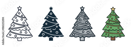 Collection of four Christmas tree icons presented in various artistic styles from simple outline and solid silhouette to a detailed hatched and a colorful cartoon version