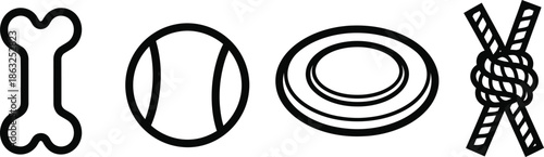 Set of 4 dog toys outline bone tennis ball frisbee and rope knot