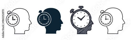 Four human head icons with integrated stopwatches representing time management, productivity, and deadlines in various styles like outline, silhouette, and hand-drawn sketch