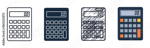 Collection of four calculator vector icons presented in various artistic styles like outline, solid fill, hand-drawn sketch, and modern flat design for business concepts